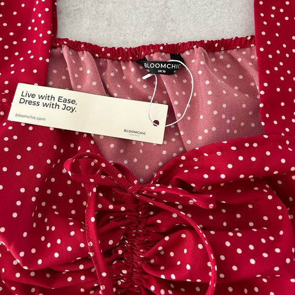 Red Polka Dot Ruched Sweetheart Bodice Ruffle Tiered Midi Dress 12/L  NWT - Picture 5 of 9